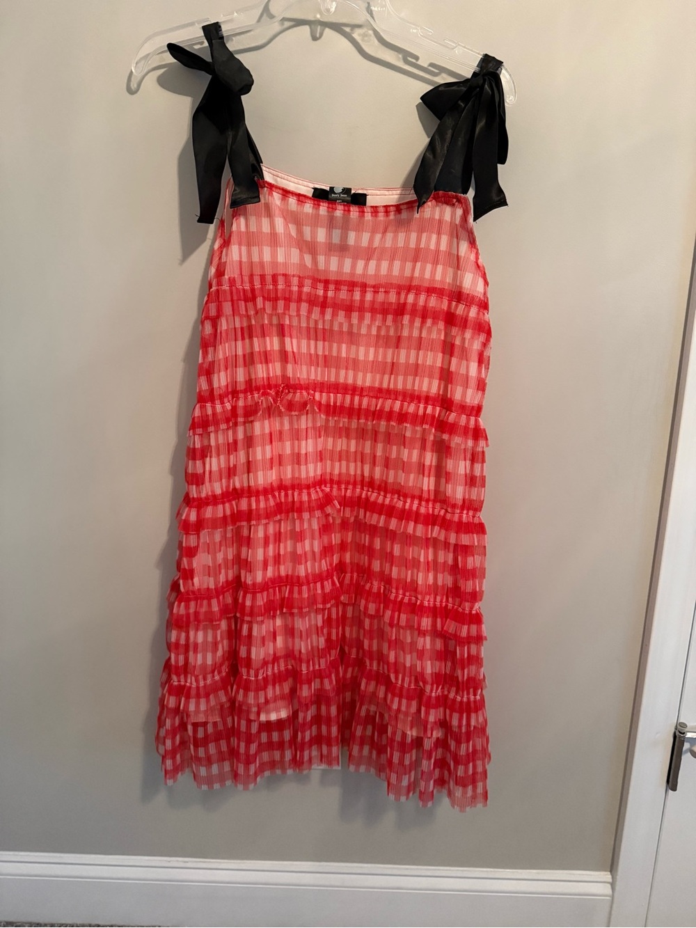 Red Checkered Tiered Mini Dress with Black Tie Straps